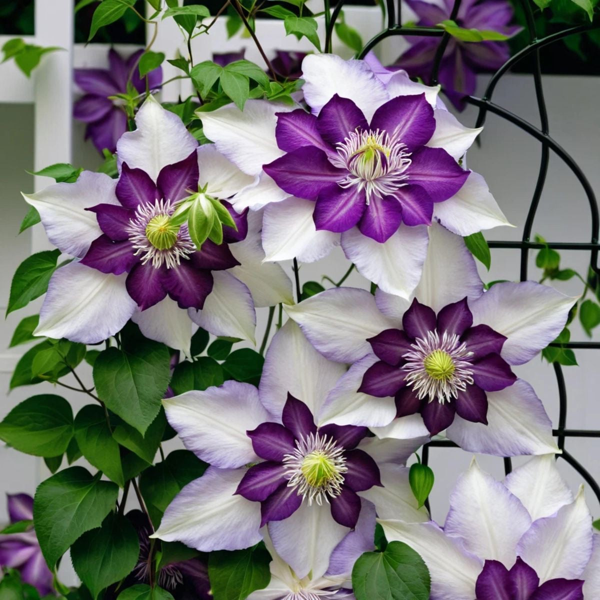 Close-up of purple and white flowers with green leaves on a blurred background