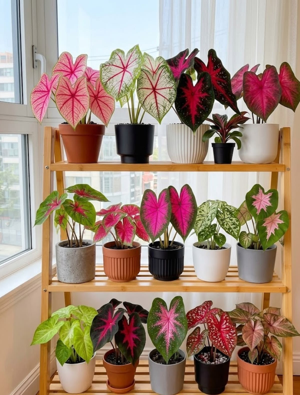 Collection of potted plants on a wooden shelf by a window