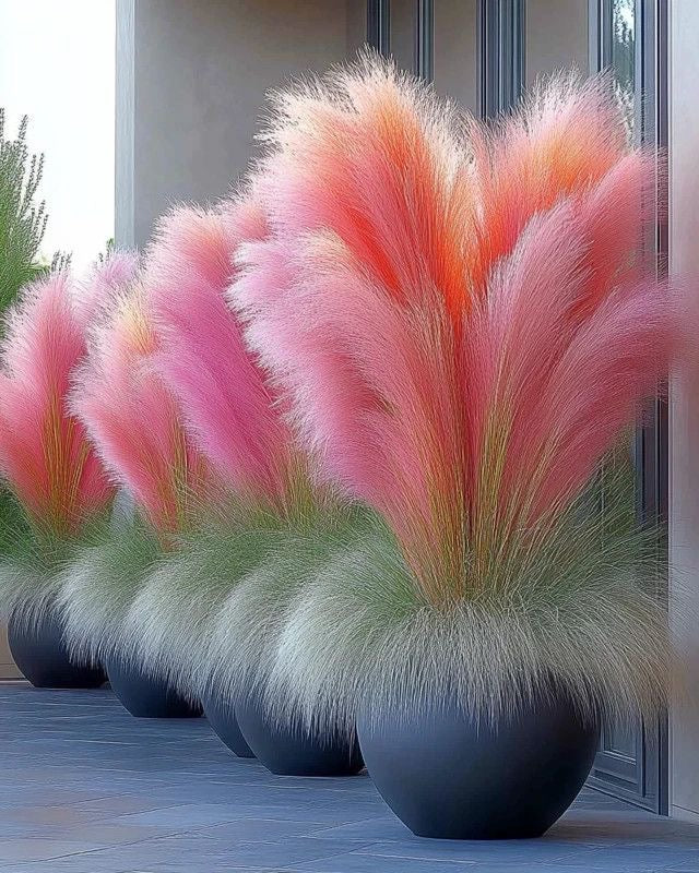 Decorative plants in large black pots on a patio