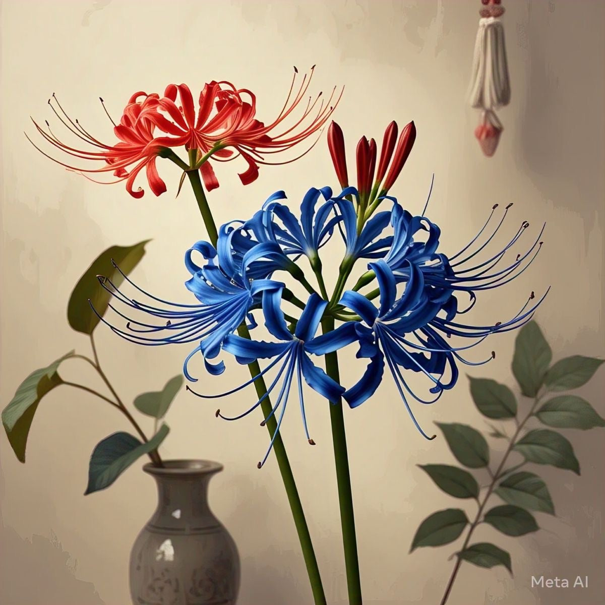 Red and blue spider lilies in a vase against a neutral background