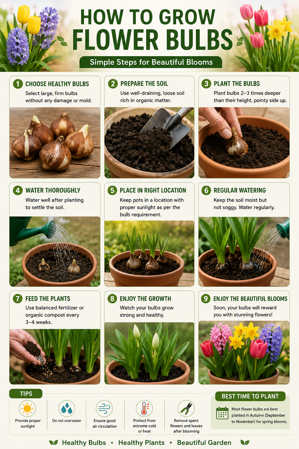 Step-by-step guide on how to grow flower bulbs with images and text.