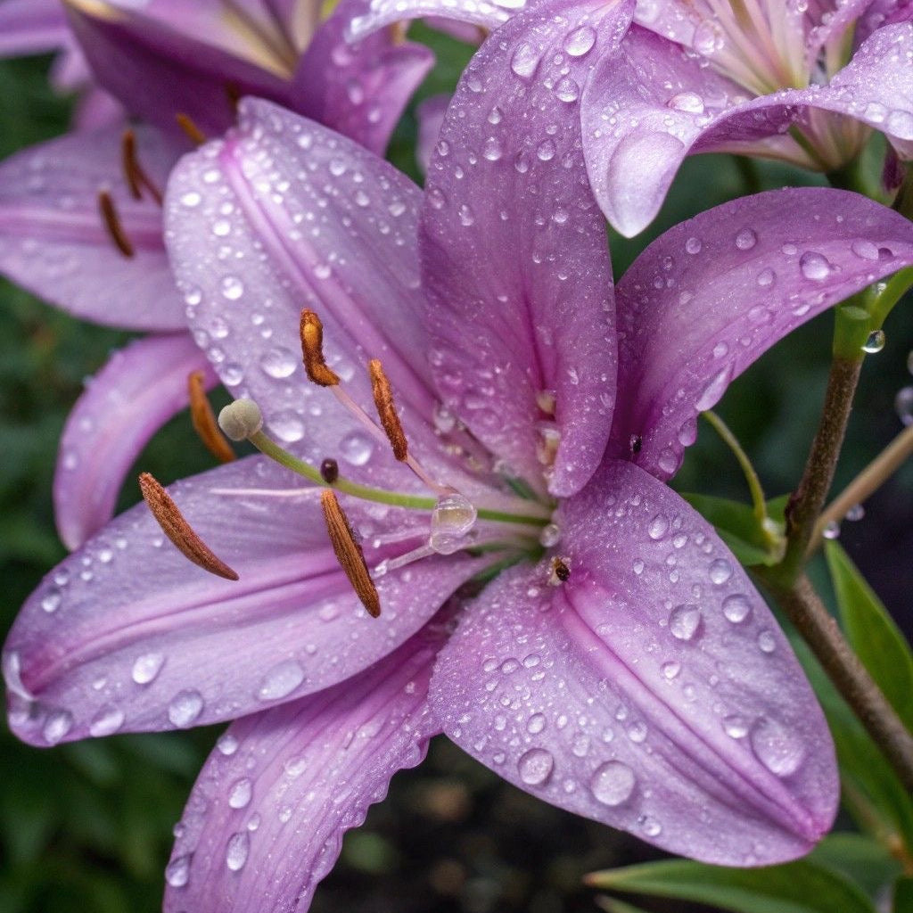 Pink lilies with water droplets on petals against a blurred green background