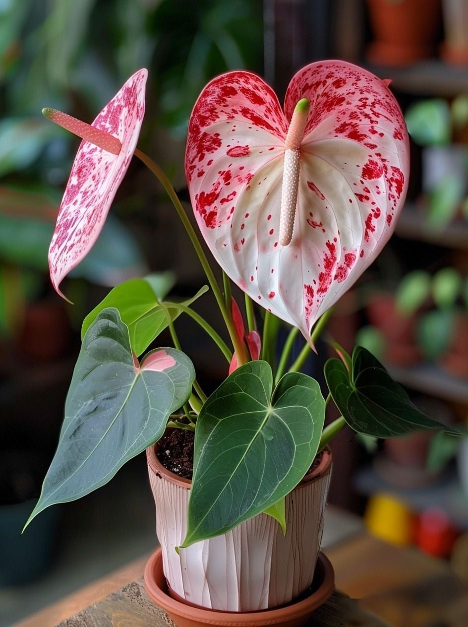 Potted Anthurium plant with red and white heart-shaped leaves on a blurred indoor background