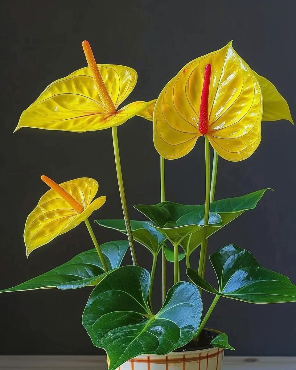 Potted Anthurium plant with yellow leaves and red spathes on a dark background
