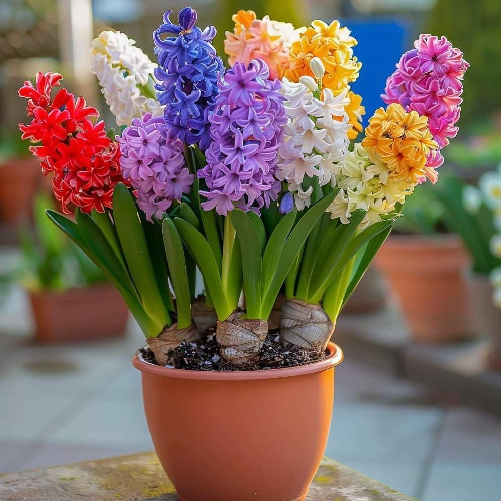 Potted plant with colorful hyacinth flowers on a blurred outdoor background