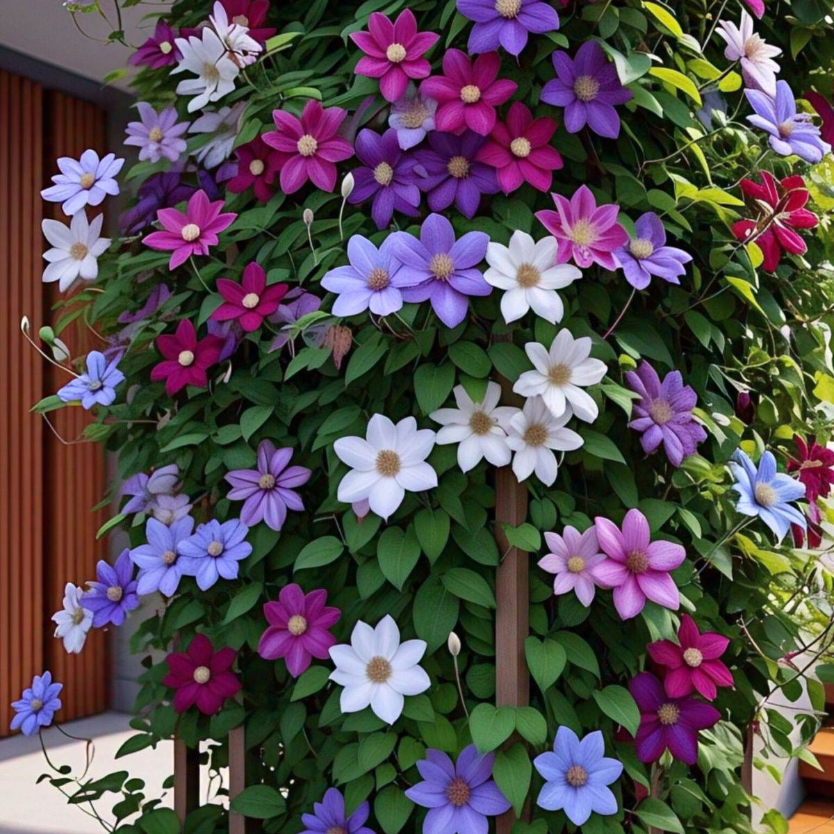 Vibrant flowering plant with purple, pink, white, and blue flowers on a green background.