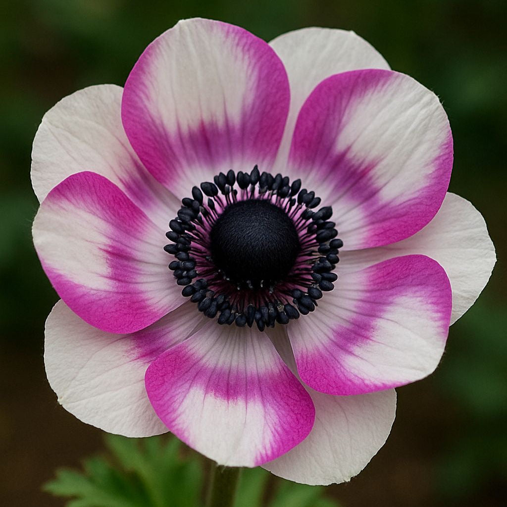 White and pink flower with a dark center on a blurred green background
