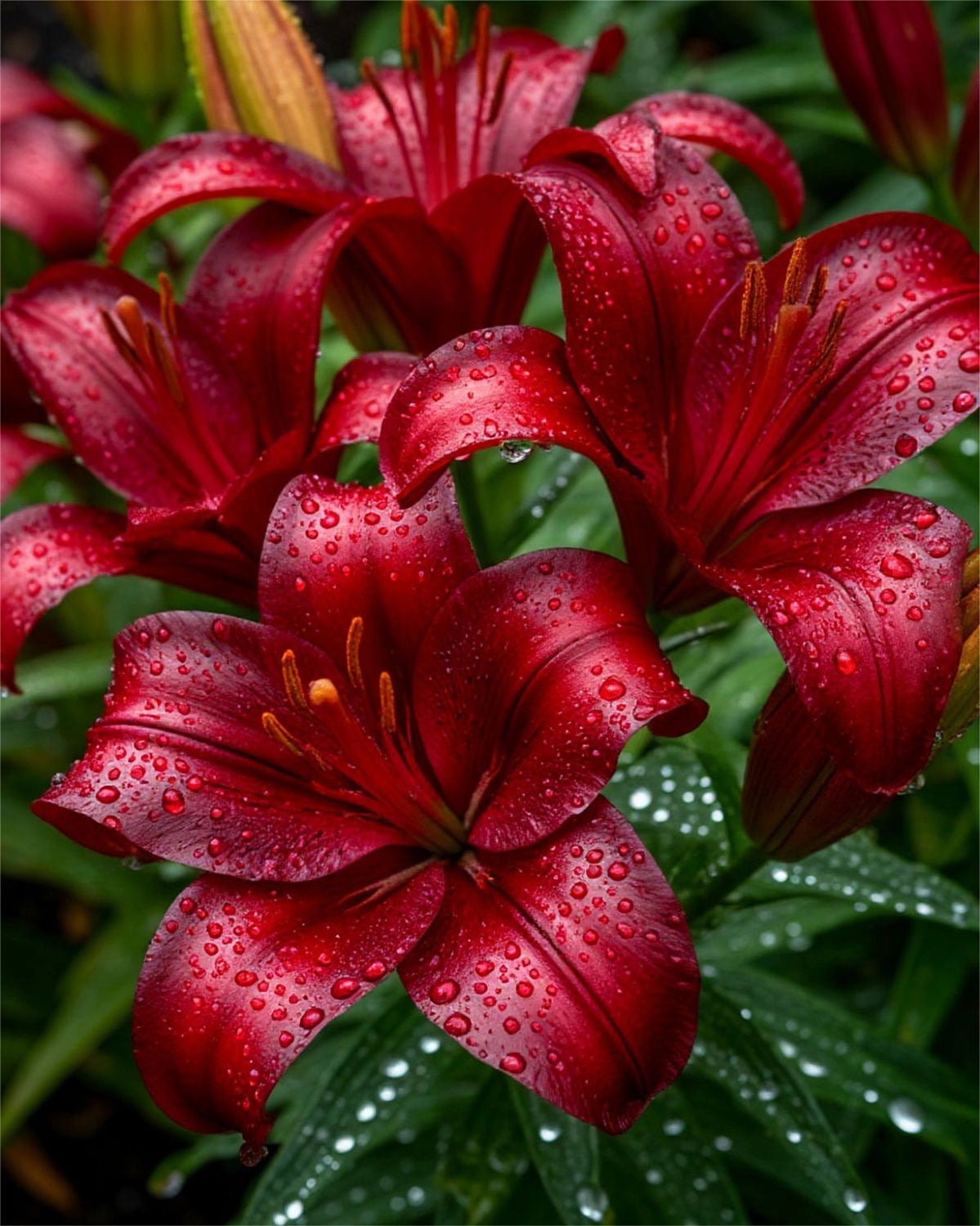 Red lilies with water droplets on a green background